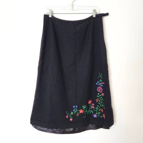 Vintage 90s Pendleton Black Floral Embroidered Midi Skirt Wool Cottage Size 14 - Picture 1 of 11